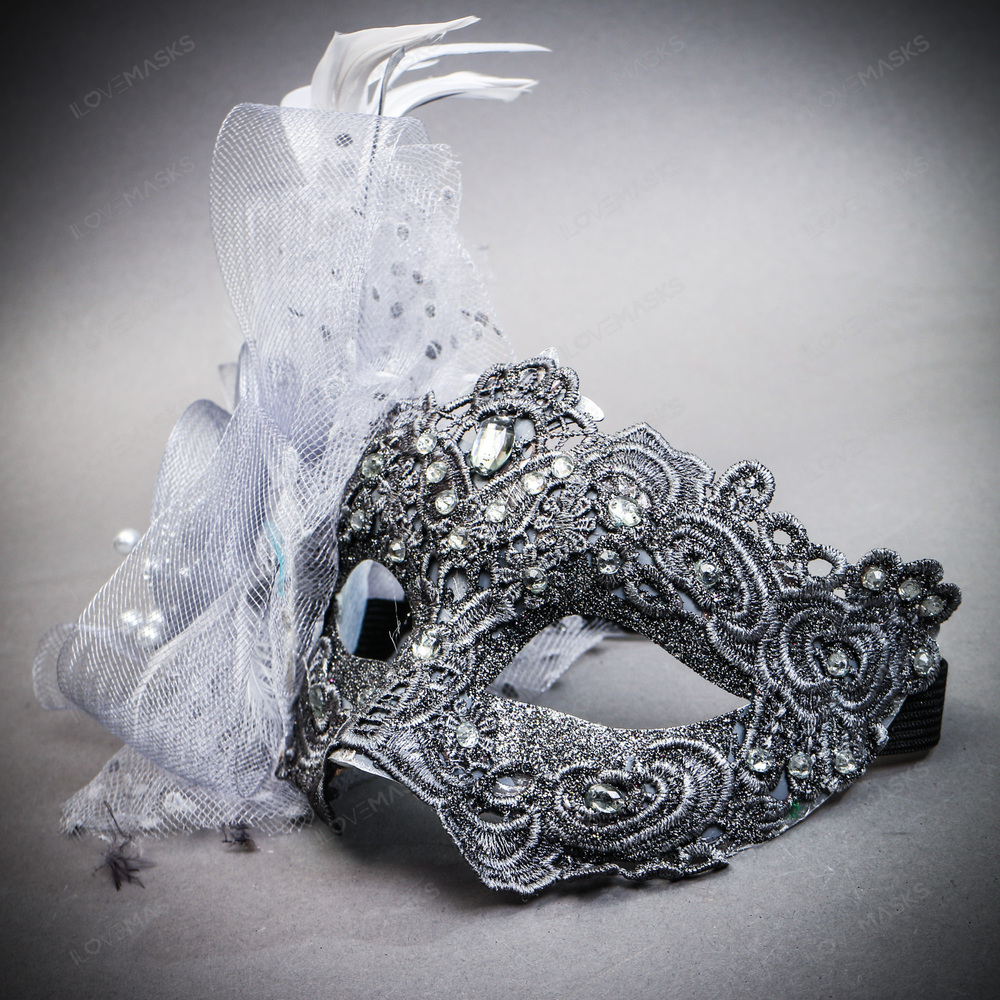 Flower Feather Mask Venetian Mardi Gras Masquerade - Silver - Picture 5 of 5